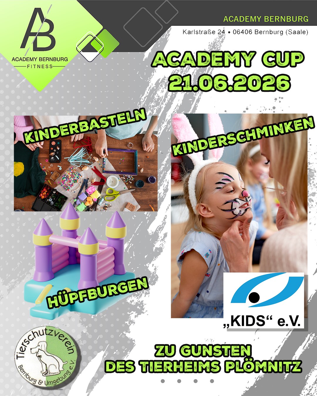 Gemeinsam für den guten Zweck beim 2. Academy Bernburg Cup!
Am 21.06.2026 ist es wieder so weit: Der 2. Academy Bernburg Cup steht vor der Tür. Auch in diesem Jahr unterstützt KIDS e. V. die Spendenaktion zugunsten des Tierheims Plömnitz.
Für unsere kleinen Gäste haben wir ein abwechslungsreiches Familienprogramm vorbereitet. Freut euch auf eine Hüpfburg, eine kreative Malstraße für Kinder sowie das beliebte Kinderschminken. So ist neben spannenden Fußballspielen auch für eine große Menge an Spaß und Unterhaltung gesorgt.
Wir freuen uns, gemeinsam ein attraktives Familienangebot präsentieren zu können und gleichzeitig einen Beitrag für den Tierschutz in unserer Region zu leisten. Kommt vorbei, verbringt einen schönen Tag mit der ganzen Familie und unterstützt mit uns die Spendenaktion für das Tierheim Plömnitz.
Wir freuen uns auf euch!
@kidsevbernburg @tsv_preusslitz @tierheim_ploemnitz
#events #FitnessStudio #Gesundheit #fitnessmotivation #bernburgandersaale #gymfit #bernburg #fussballistunserleben #tierheimhund #fußball #tierheim #tierheimhelden #fussballverbindet #fussball #teamwork #tierheimtiere #fussballliebe #freiheitleben #event #team #gym #mitglied #salzlandkreis